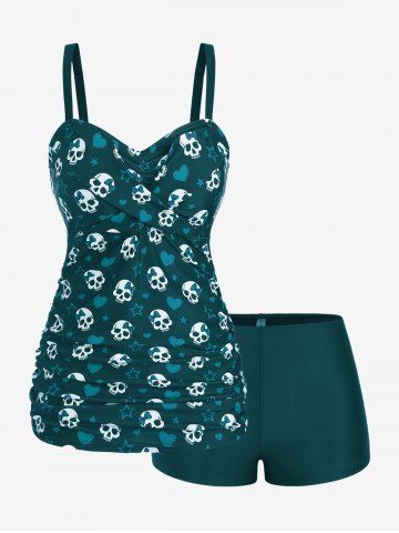 Plus Size Skull Bowknot Heart Stars Print Boyleg Tankini Swimsuit - SKY BLUE - 2X | US 18-20