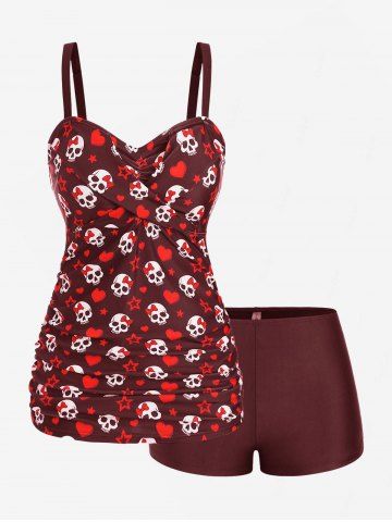 Plus Size Skull Bowknot Heart Stars Print Boyleg Tankini Swimsuit - DEEP RED - 4X | US 26-28