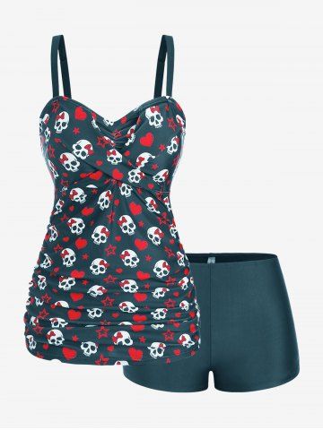 Plus Size Skull Bowknot Heart Stars Print Boyleg Tankini Swimsuit - MULTI-E - 1X | US 14-16