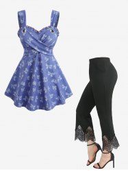 Bowknot Print Crisscross Panel Tank Top and Scalloped Tassel Flare Pants Plus Size Outfit -  