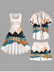 Coconut Tree Mountain Sun Ombre Print Plus Size Matching Hawaii Beach Outfit For Couples -  