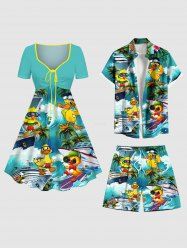 Coconut Tree Ducks Ship Sea Waves Print Plus Size Matching Hawaii Beach Outfit For Couples -  