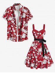 Flowers Leaf Print Plus Size Matching Hawaii Beach Outfit For Couples - Rouge 