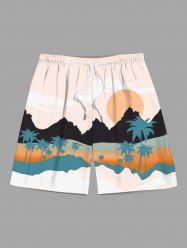 Plus Size Coconut Tree Sun Mountain Print Hawaii Beach Shorts For Men -  