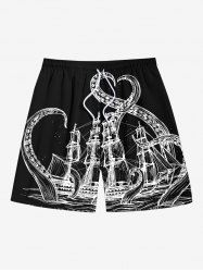 Plus Size Octopus Sailboat Two Tone Print Hawaii Cruise Drawstring Beach Shorts For Men -  