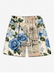 Plus Size Rose Flower Leaf Newspapaer Print Hawaii Drawstring Beach Shorts For Men -  