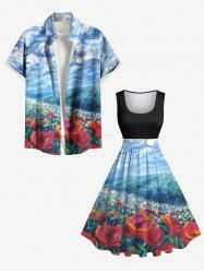 Short de Plage à Imprimé Roses et Nuage Ciel Grande-Taille pour Couples - Bleu Ciel 