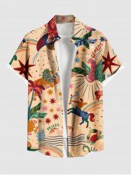 Plus Size Colorful Coconut Tree Leopard Stars River Print Hawaii Button Pocket Shirt For Men -  