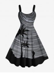 Robe Débardeur Hawaïen Ligne A Arbre Noix de Coco et Galaxie Imprimés de Grande Taille - Noir XS