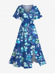 Plus Size Flowers Leaf Print Split Hawaii Midi Dress - Bleu 2X