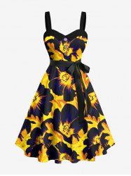 Robe Trapèze Ceinturée Fleur et Feuille Imprimés de Grande Taille à Col Relevé avec Boutons - Jaune 3X