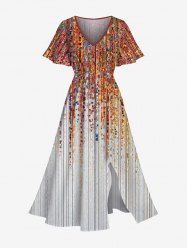Robe Moulante Mi-Longue Fendue 3D Rayée Imprimée de Grande Taille à Paillettes - Orange M