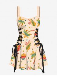 Robe Ligne A Banane Ananas et Noix de Coco Imprimés à Lacets - café lumière L
