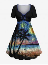 Robe Evasée Ajustée Palmier Noix de Coco Océan Imprimés de Grande Taille - Noir 5X