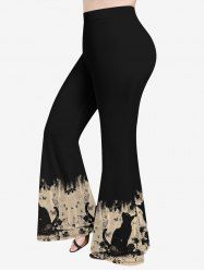 Pantalon Évasé à Imprimé Roses Feuilles D'Encre et Chat Grande-Taille - Noir 3X