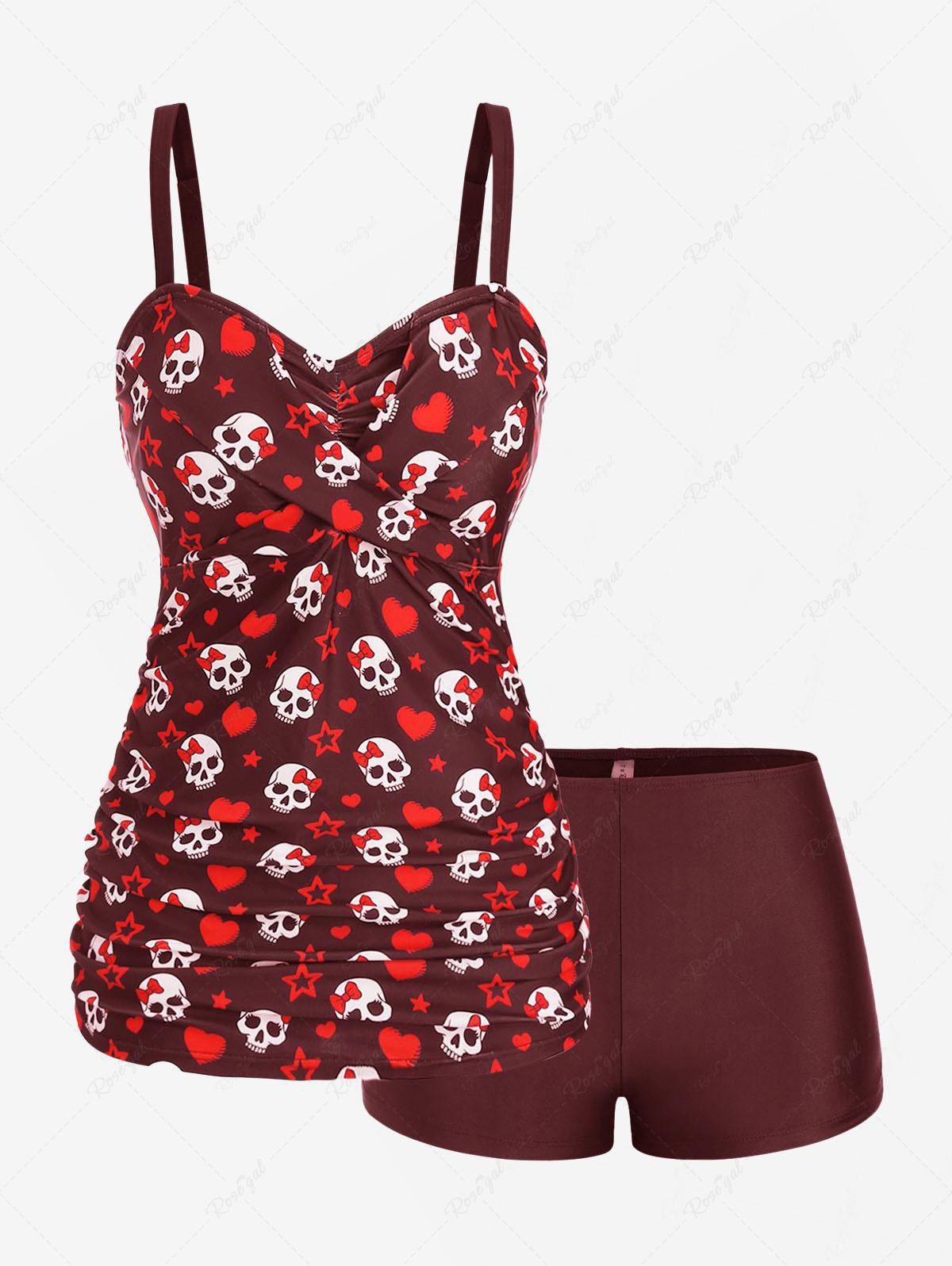Chic Plus Size Skull Bowknot Heart Stars Print Boyleg Tankini Swimsuit  
