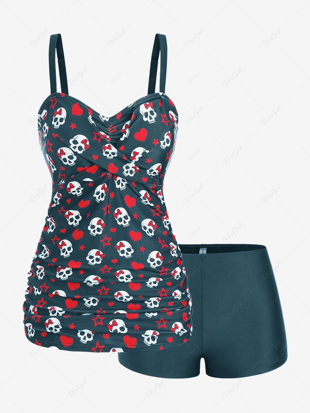 Discount Plus Size Skull Bowknot Heart Stars Print Boyleg Tankini Swimsuit  