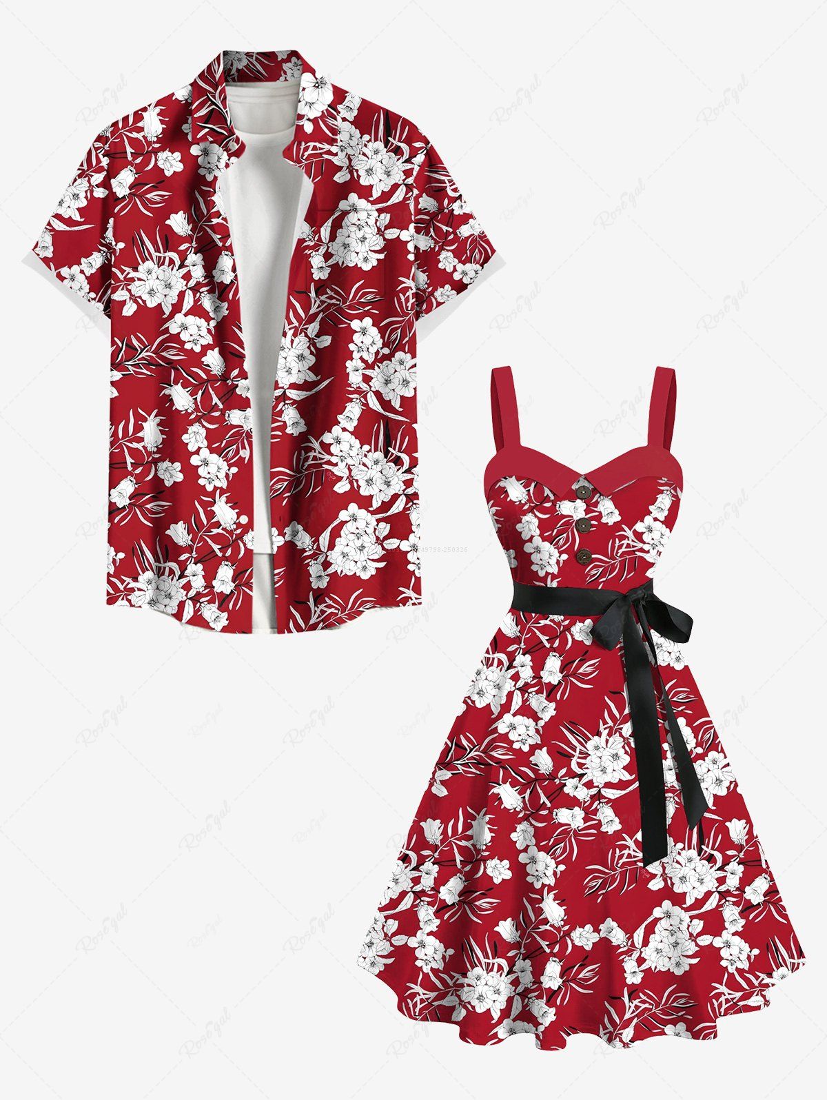 Flowers Leaf Print Plus Size Matching Hawaii Beach Outfit For Couples Rouge 
