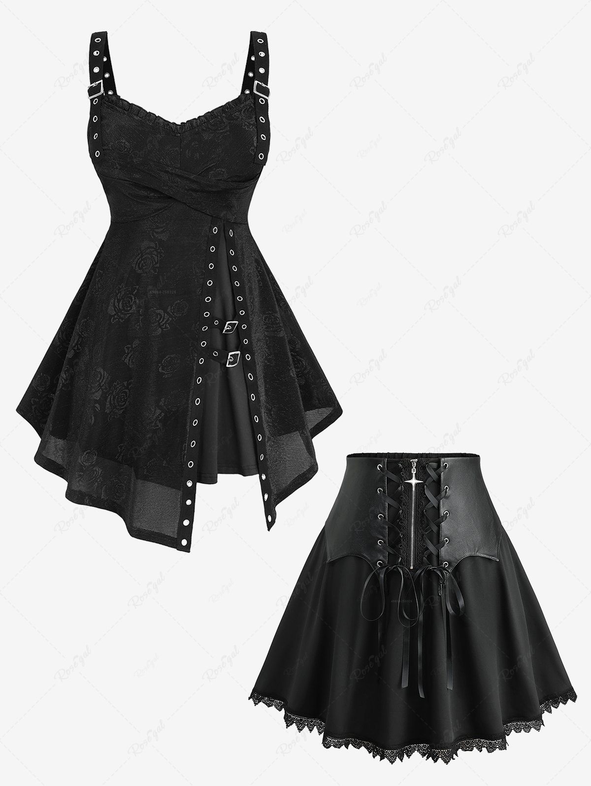 Store Rose Flower Printed Crossover Bust Ribbed Top and Scalloped Lace Trim PU Panel Zipper A Line Skirt Plus Size Outfit  