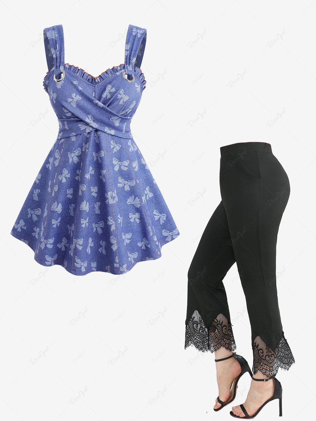 Shops Bowknot Print Crisscross Panel Tank Top and Scalloped Tassel Flare Pants Plus Size Outfit  