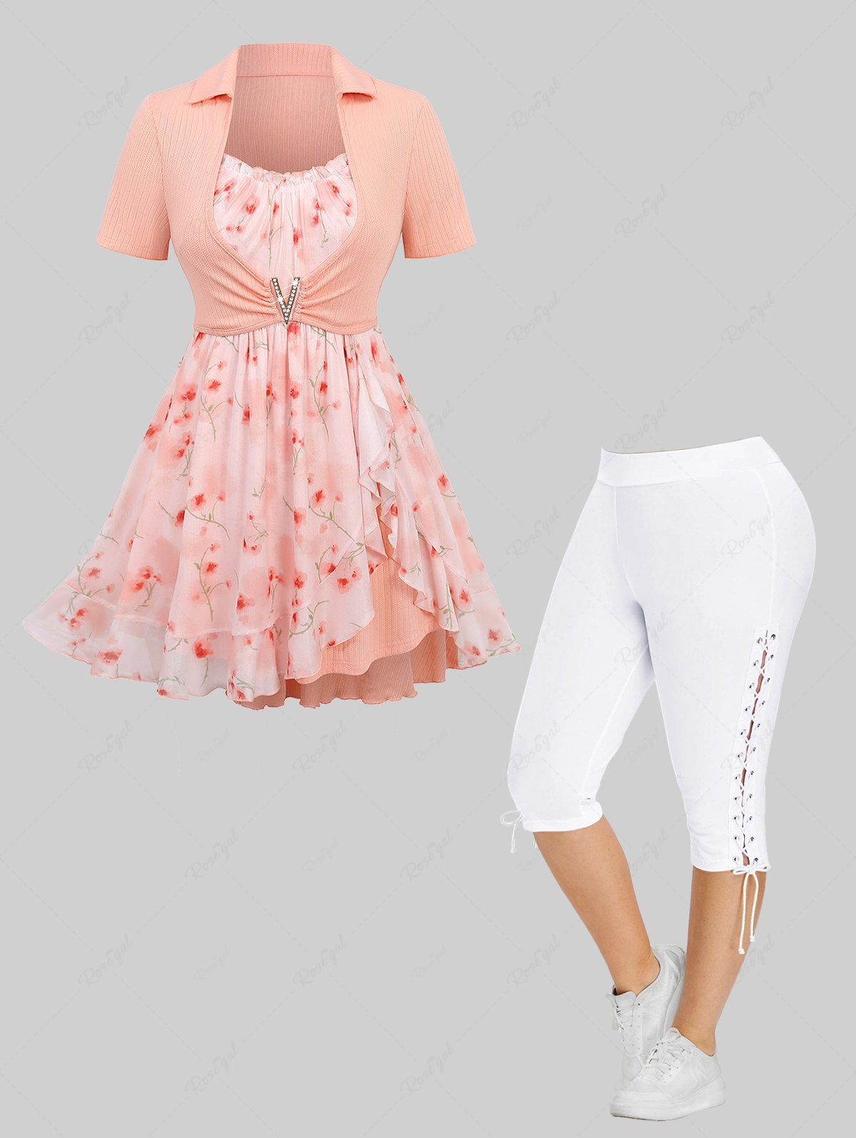 Best Flower Print Textured Tulip Hem Asymmetrical Blouse and Lace Up Side Capri Pants Plus Size Outfit  