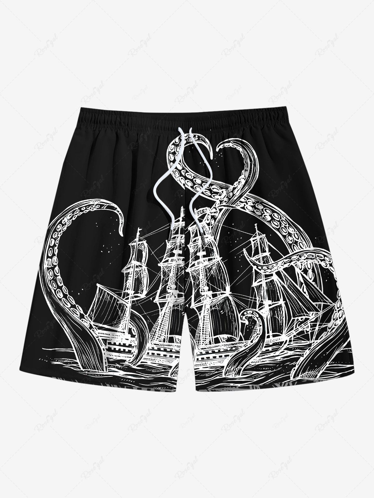 Unique Plus Size Octopus Sailboat Two Tone Print Hawaii Cruise Drawstring Beach Shorts For Men  