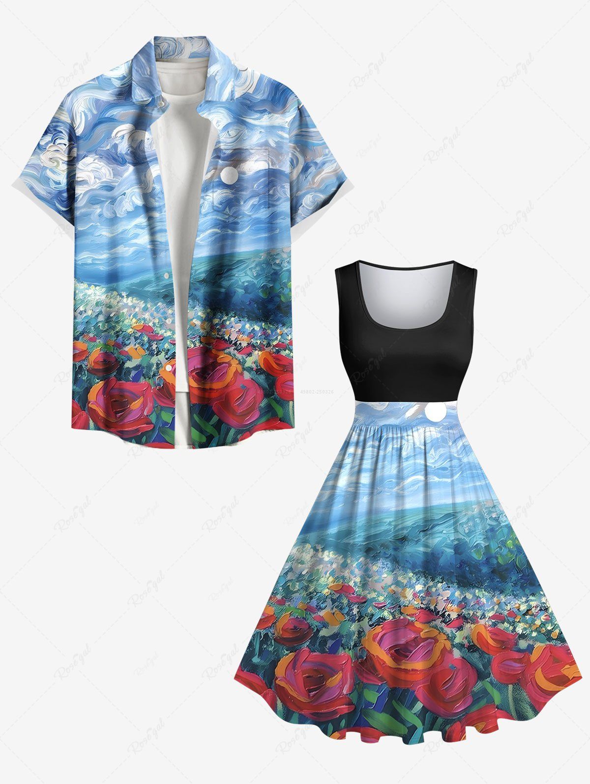 Short de Plage à Imprimé Roses et Nuage Ciel Grande-Taille pour Couples Bleu Ciel 