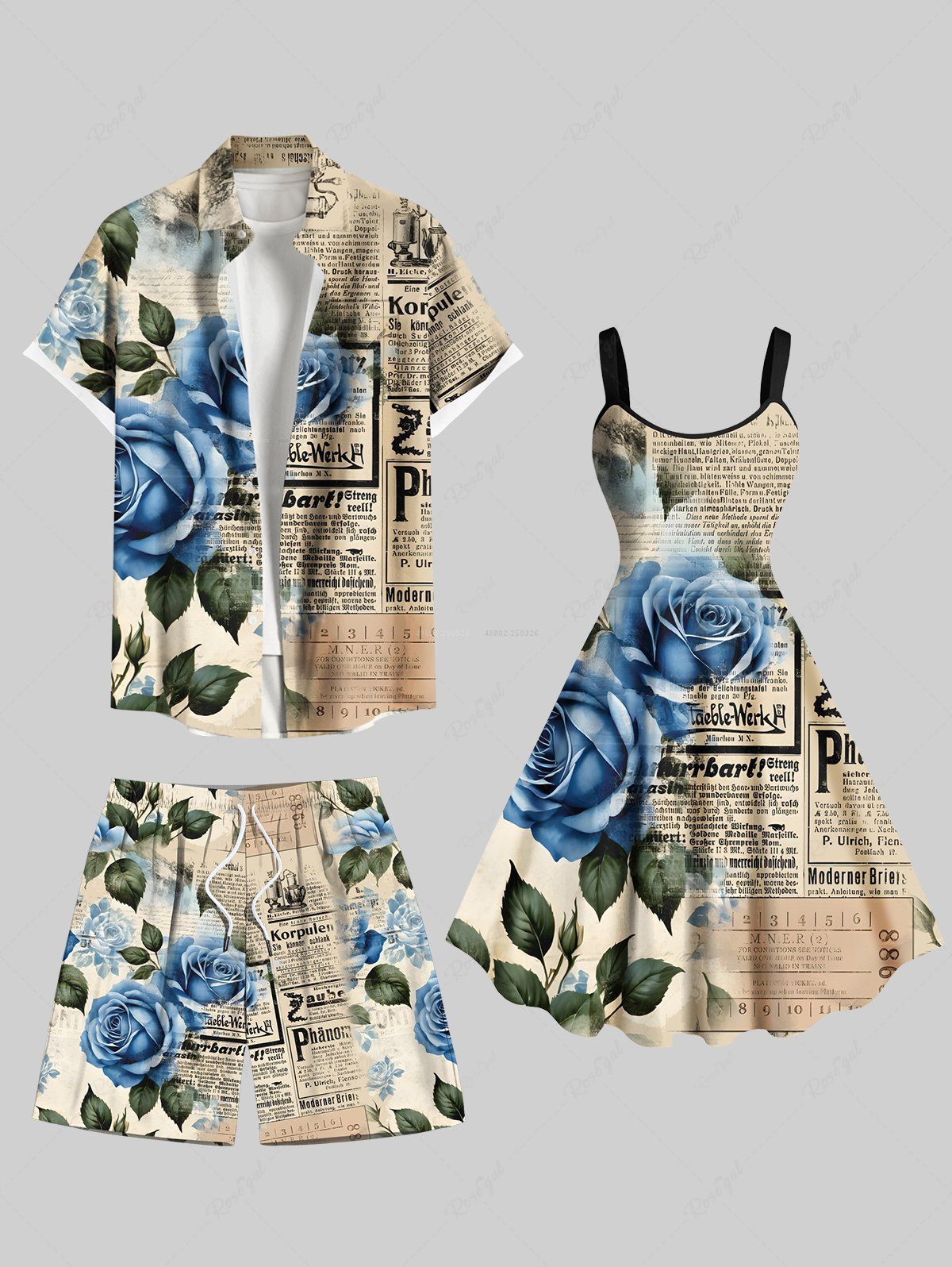 Outfits Rose Flower Leaf Newspapaer Print Plus Size Matching Hawaii Beach Outfit For Couples  