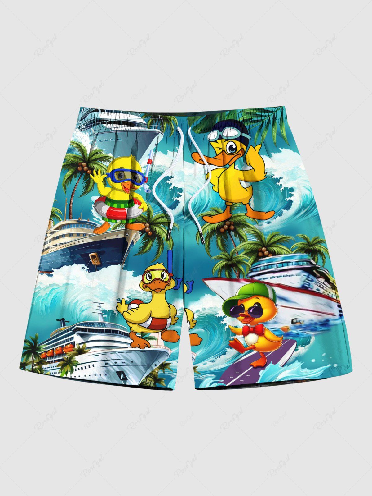 Unique Plus Size Ducks Sea Waves Ship Print Cruise Hawaii Beach Shorts For Men  