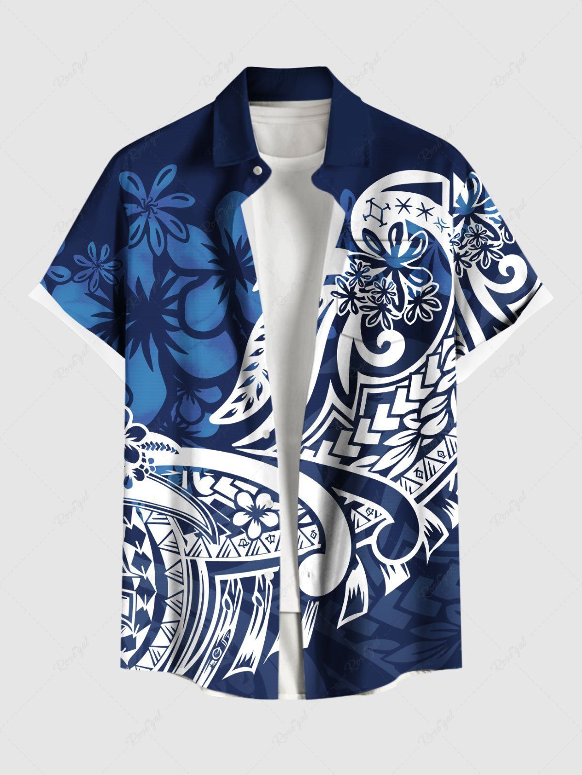 Online Plus Size Floral Pattern Print Buttons Pocket Hawaii Shirt For Men  