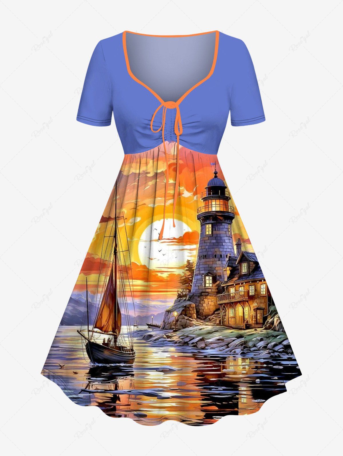 Best Plus Size Seascape Sun Cloud Lighthouse Ship Print Cinched Hawaii Dress  