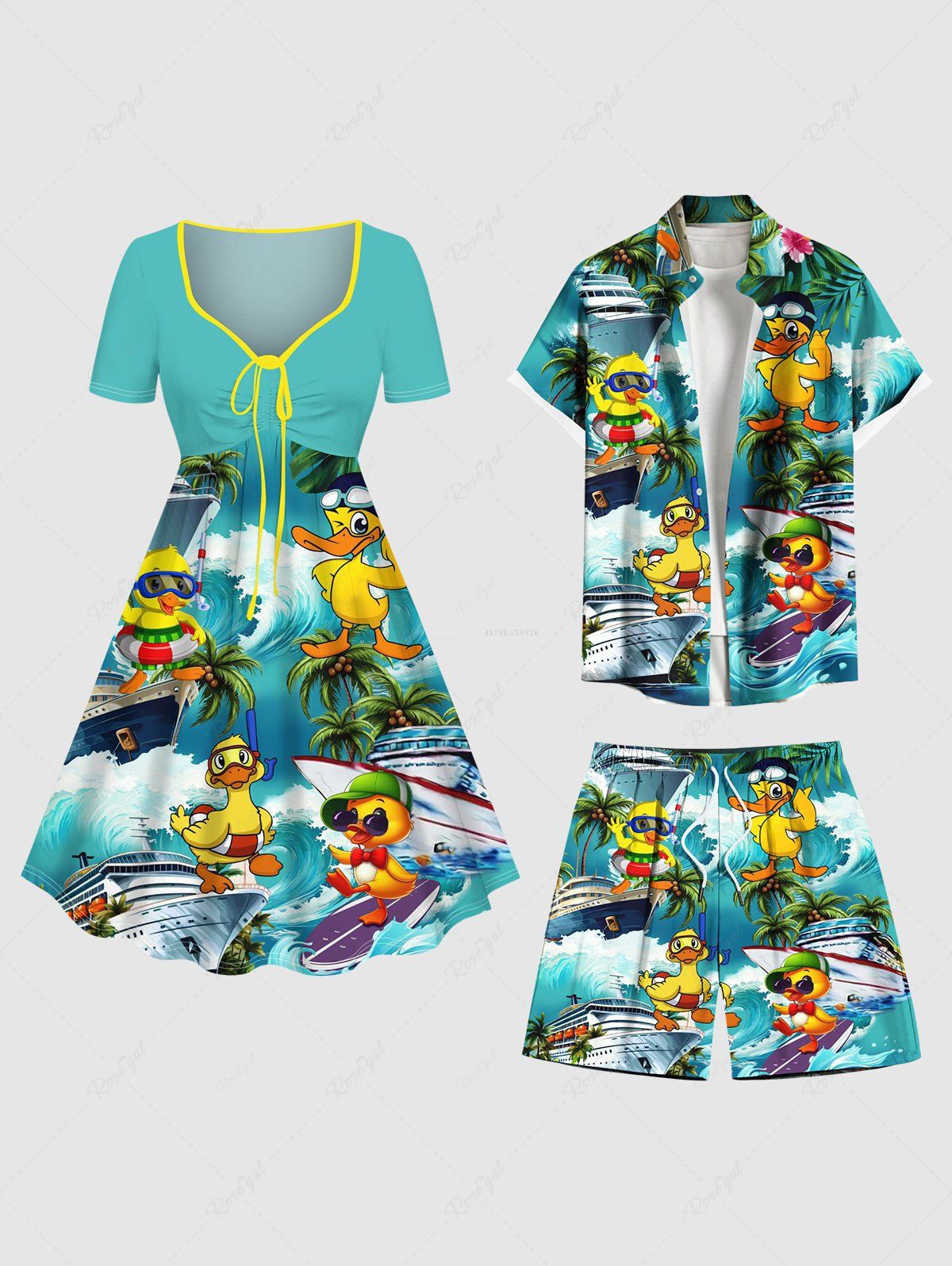 Discount Coconut Tree Ducks Ship Sea Waves Print Plus Size Matching Hawaii Beach Outfit For Couples  