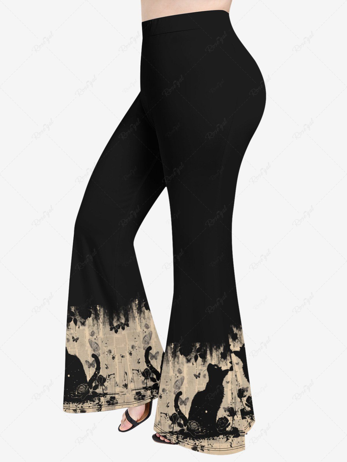 Pantalon Évasé à Imprimé Roses Feuilles D'Encre et Chat Grande-Taille Noir 3X