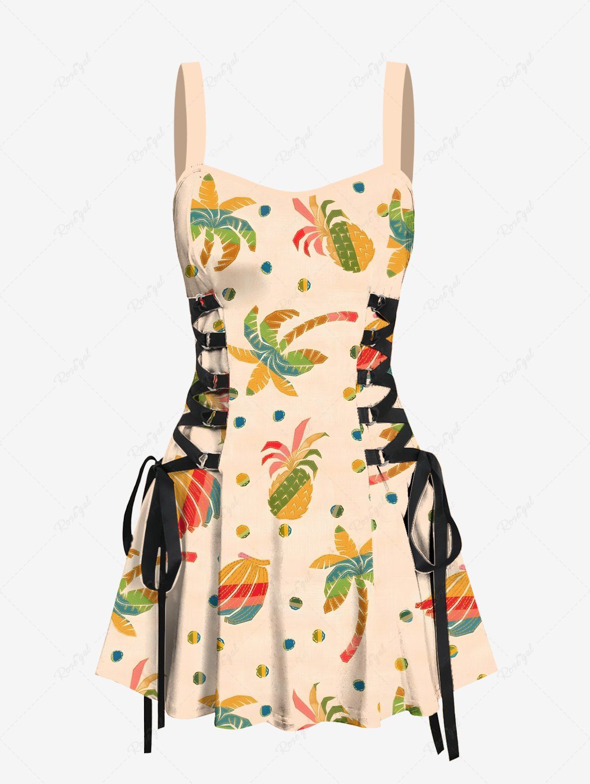 Robe Ligne A Banane Ananas et Noix de Coco Imprimés à Lacets café lumière S