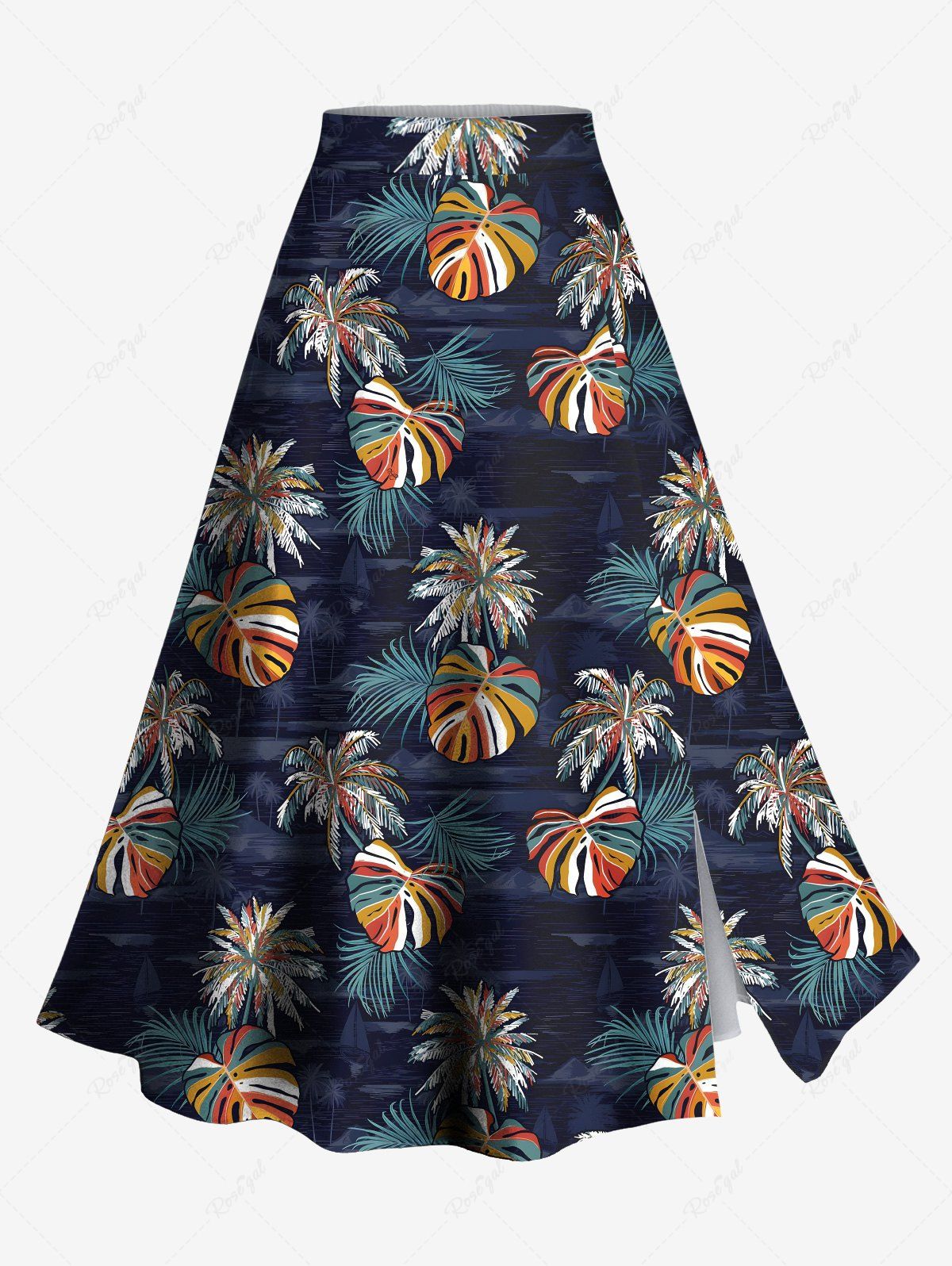 Hot Plus Size Colorful Coconut Tree Tropical Leaves Print Hawaii Split A Line Skirt  