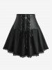 Rose Flower Printed Crossover Bust Ribbed Top and Scalloped Lace Trim PU Panel Zipper A Line Skirt Plus Size Outfit -  