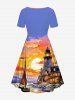 Plus Size Seascape Sun Cloud Lighthouse Ship Print Cinched Hawaii Dress -  