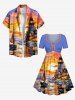 Plus Size Seascape Sun Cloud Lighthouse Ship Print Cinched Hawaii Dress -  
