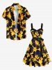 Plus Size Flowers Leaf Print Buttons Turn Down Collar Hawaii Dress With Belt -  