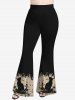 Pantalon Évasé à Imprimé Roses Feuilles D'Encre et Chat Grande-Taille - Noir 3X