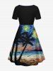 Plus Size Coconut Tree Sea Spiral Painting Print Hawaii Cinched A Line Dress -  