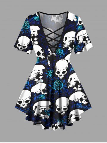 Plus Size Skulls Rose Flowers Print Lattice Crisscross T-shirt - BLACK - L