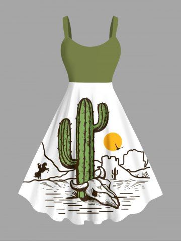 Plus Size Cactus Sun Ship Head Print Hawaii Tank Dress - WHITE - S