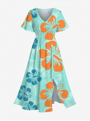 Plus Size Tropical Hibiscus Flowers Print Split Hawaii Midi Dress - LIGHT GREEN - 4X