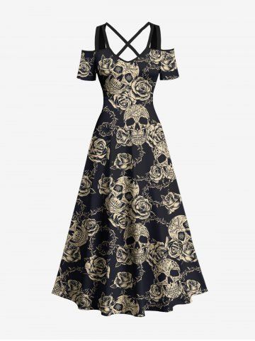 Plus Size Skulls Rose Flowers Print Cold Shoulder Crisscross Hawaii Maxi Dress - BLACK - 5X