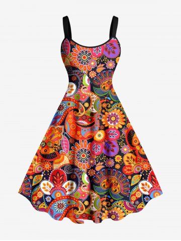 Plus Size Ethnic Colorful Flowers Paisley Owl Print Hawaii Tank Dress - RED - M