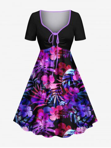 Plus Size Tropical Leaf Hibiscus Flowers Print Cinched Hawaii Dress - BLACK - 3X
