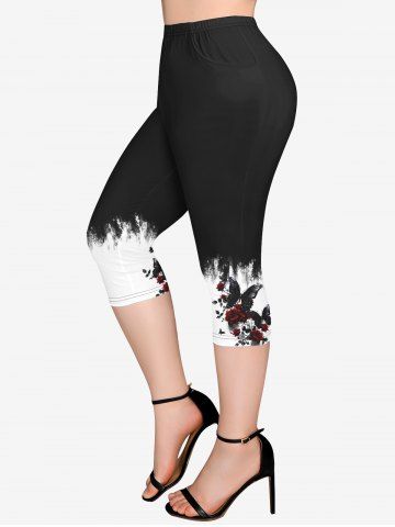 Plus Size Rose Flower Leaves Vine Butterfly Print Capri Leggings - BLACK - S