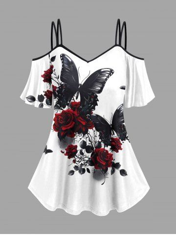 Plus Size Rose Flower Leaves Vine Butterfly Print Cold Shoulder Cami T-shirt - WHITE - S