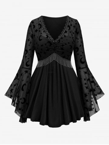 Plus Size Moon Star Print Mesh Panel Bell Sleeves Ruched Chain Tassel T-shirt - BLACK - 1X | US 14-16